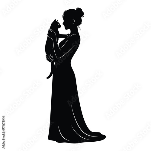 Elegant silhouette of a woman tenderly holding a cat in a flowing dress capturing a moment of affection and grace silhouette