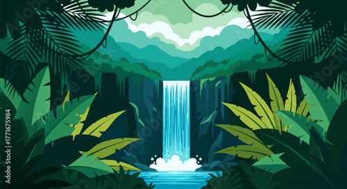 Serene Waterfall Amidst Lush Tropical Rainforest with Dense Foliage and Misty Mountains