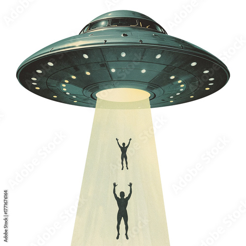 Retro Sci-Fi UFO Abduction: A Vintage-Inspired Illustration of Extraterrestrial Contact