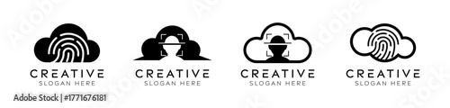 Set of human identity cloud logo design templates. Modern isolated cloud with fingerprint and face ID design for remote storage, identity verification, and biometric security.