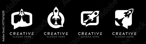 Set of rocket speech bubble logo design templates. Modern isolated rocket speech bubble design for communication, social media and innovation.
