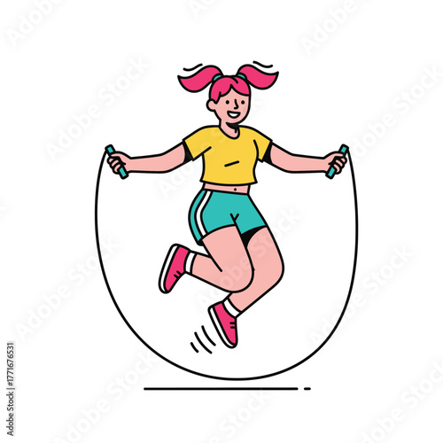 Girl Skipping Rope, Cartoon Illustration, Fitness, Exercise
