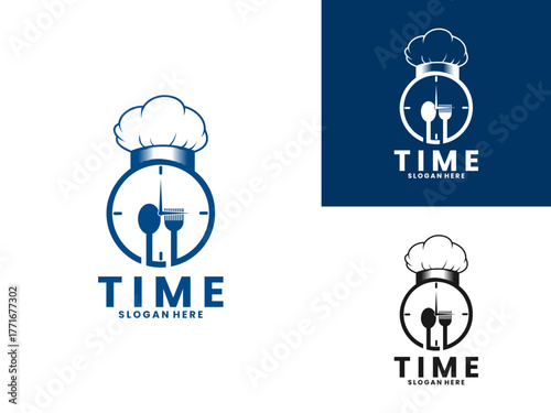 Cooking time logo design. Clock combination with spoon, fork spoon, and chef hat logo design vector template