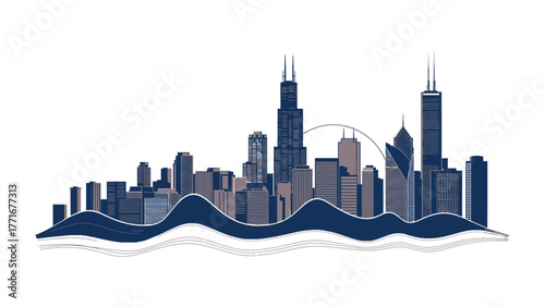 Chicago Skyline: An elegant, detailed graphic showcasing Chicago's iconic skyline, a harmonious blend of architectural grandeur, artistic finesse, and urban charm. 