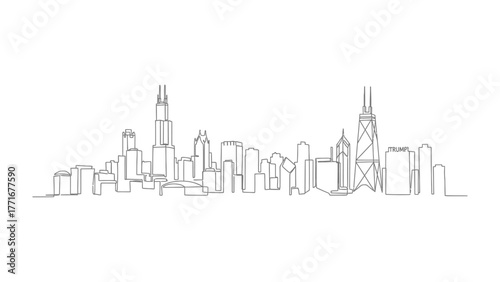 Urban Silhouette: A minimalist monochrome line drawing captures the skyline of a vibrant cityscape, showcasing the iconic architectural silhouette