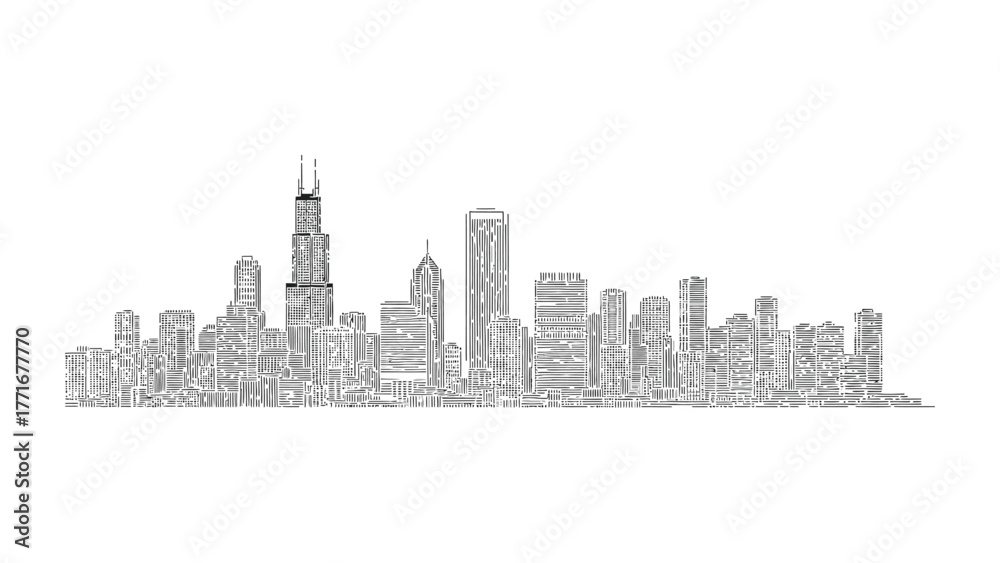 Fototapeta premium Chicago Skyline in Silhouette: The cityscape of a prominent metropolis, meticulously rendered in stark monochrome, presents a striking silhouette.