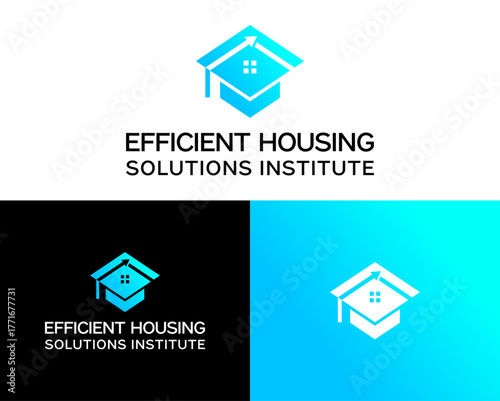 The logo design is an academic hat and the roof of a house.