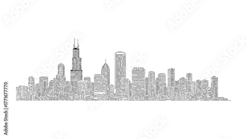 Chicago Skyline in Silhouette: The cityscape of a prominent metropolis, meticulously rendered in stark monochrome, presents a striking silhouette.