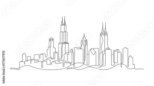 Cityscape Silhouette: A minimalist line drawing captures the essence of a dynamic urban landscape, featuring the iconic silhouettes of skyscrapers and buildings.