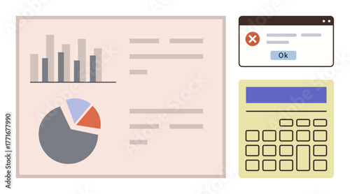 Bar chart, pie chart, text details, calculator interface, error alert window. Ideal for data management, business analytics, accounting, problem-solving financial analysis error correction simple