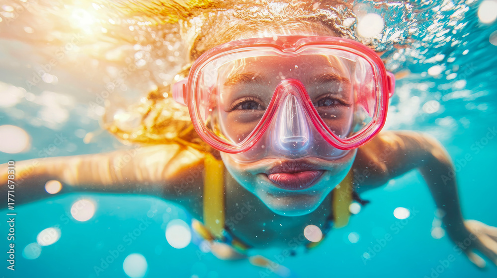 Naklejka premium Close-up of happy young girl with blonde hair swimming underwater, wearing pink snorkeling mask, with beautiful sunbeams and sparkling light effects in clear blue water