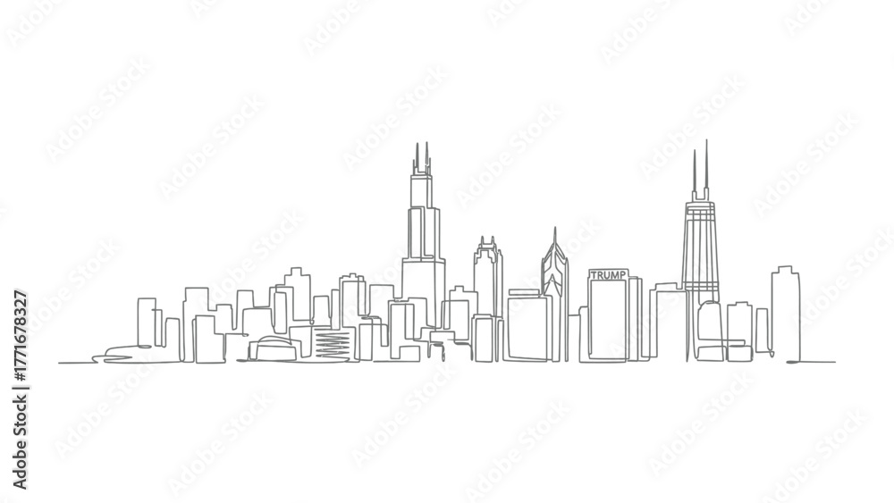 Fototapeta premium Chicago Skyline Sketch: A minimalist line drawing captures the essence of the Chicago skyline, showcasing iconic skyscrapers and urban landscape against the sky. 