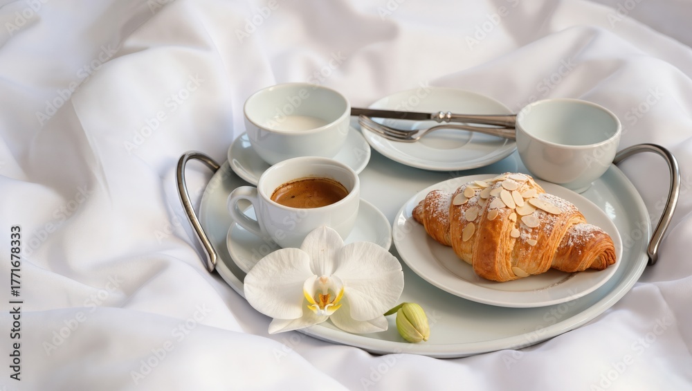 Fototapeta premium Luxury Hotel Breakfast Tray on White Bedding with Coffee and Cro