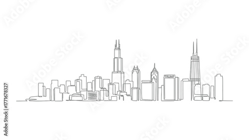 Chicago Skyline Sketch: A minimalist line drawing captures the essence of the Chicago skyline, showcasing iconic skyscrapers and urban landscape against the sky. 