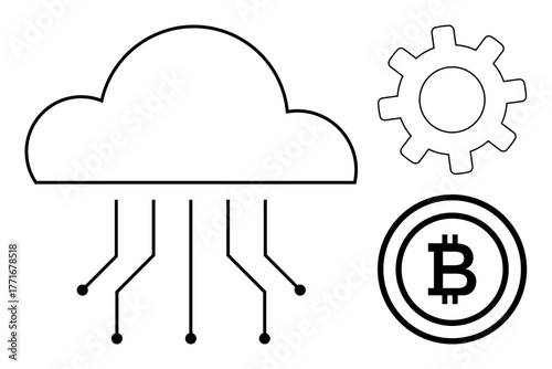 Cloud with network lines, Bitcoin logo, and gear outline representing cryptocurrency, data systems, fintech, blockchain, cloud storage, networking, and decentralized technology as a simple flat