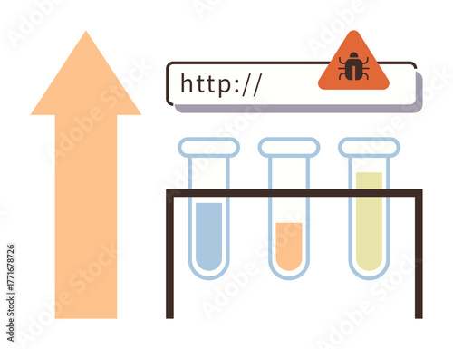Test tubes on a rack with colored liquids beside a browser bar featuring an alert icon for online threats. Ideal for cybersecurity, online safety, research, data testing, malware warning, science