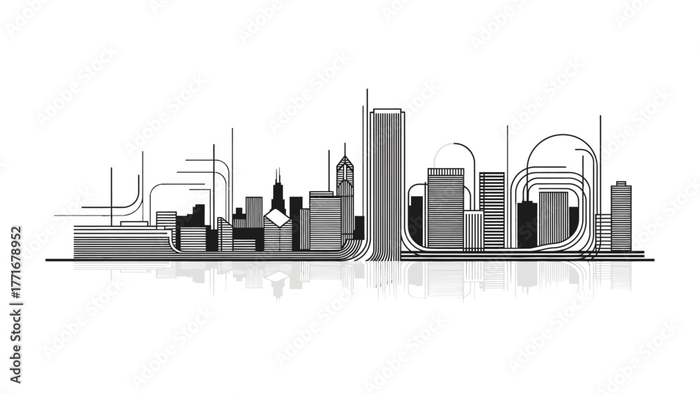 Obraz premium Urban Silhouette: An abstract representation of a modern city skyline, featuring geometric shapes and sleek lines, is a stunning visual, ideal for illustrating urban themes.