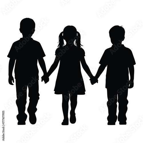 Silhouettes of three diverse children holding hands friendship unity childhood joy playful connection group together silhouette