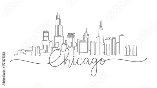 Chicago Skyline: A minimalistic line drawing showcases the iconic Chicago skyline, capturing the essence of the city's architecture in a sleek, modern aesthetic.