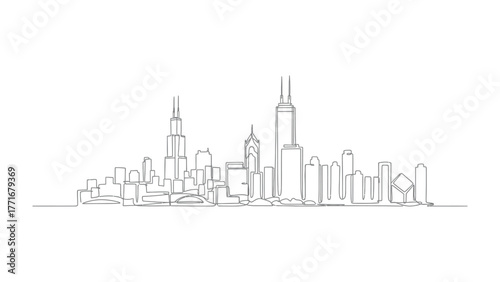 Urban Silhouette: A minimalistic line drawing captures the essence of a modern city skyline. Focusing on the simplicity of the architecture, representing metropolitan charm.