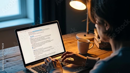 Woman Working on Laptop at Desk with Books and Coffee in Dimly Lit Room