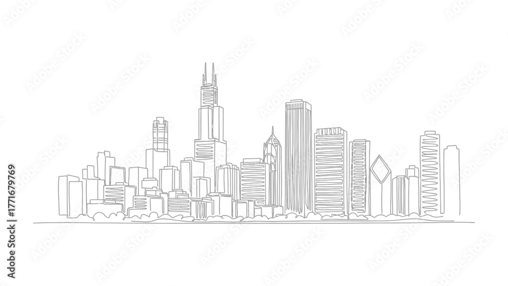Naklejka premium City Skyline Sketch: An architectural illustration presenting a detailed linear sketch of a bustling metropolis, featuring iconic skyscrapers that define its unique urban character.