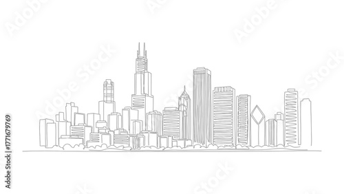 City Skyline Sketch: An architectural illustration presenting a detailed linear sketch of a bustling metropolis, featuring iconic skyscrapers that define its unique urban character.