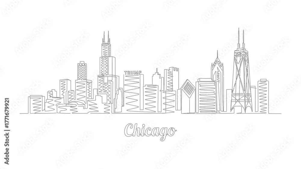 Obraz premium Chicago Skyline: An elegant line drawing captures the iconic Chicago skyline, highlighting the city's unique architectural landscape and urban design.