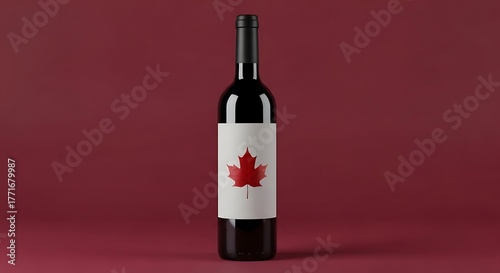 Elegant bottle of canadian red wine with a maple leaf label against a deep red background studio shot