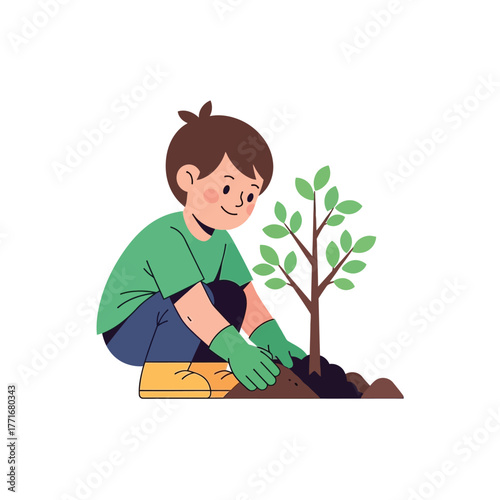 Boy Planting Tree Child Gardening, Eco-Friendly, Environmental Care