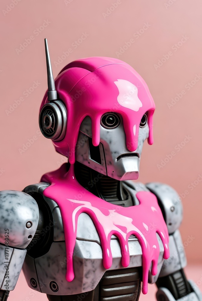 Fototapeta premium Metallic robot portrait with pink substance dripping over its head and shoulders against a pink backdrop