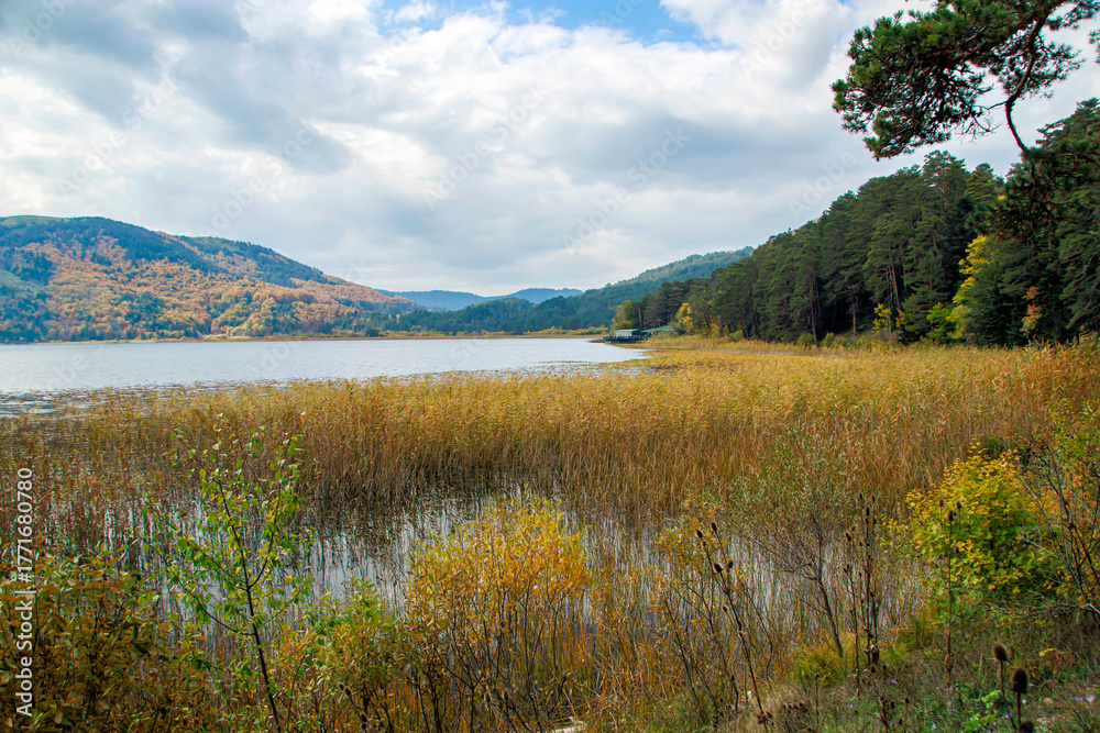 Obraz premium Autumn landscape with mountains and Abant lake, Bolu