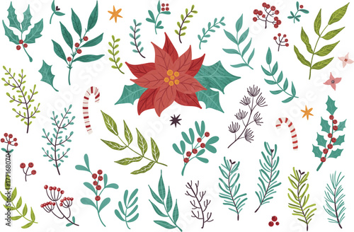 Large vector set of Christmas branches, leaves, flowers