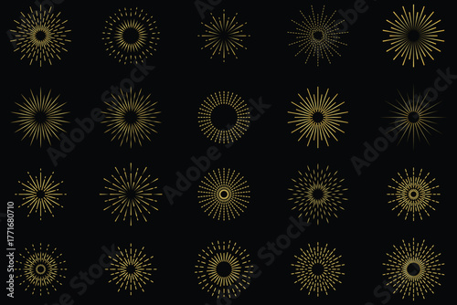 Vintage sun rays collection. Sunburst set, sunbeam icons. Explosion, firework, sparks and rays sunset. Collection shiny sunburst on black background. Vector illustration. 