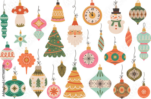 Set of Retro Christmas ornaments and baubles.