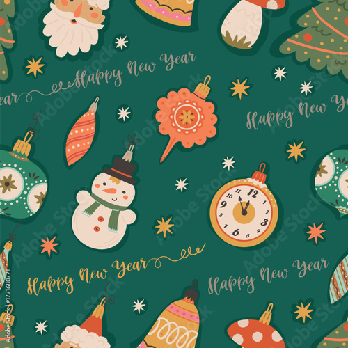 Vector Christmas seamless pattern with Retro Christmas balls on green background