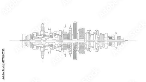 Skyline Reflection: A stunning illustration of a city skyline is perfectly mirrored in the water. The image showcases the intricate architecture. A tranquil ambiance. 