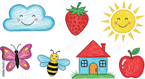 A Childlike Drawing Collection Featuring Cloud, Strawberry, Sun, Butterfly, Bee, House, and Apple Artwork on a White Backdrop