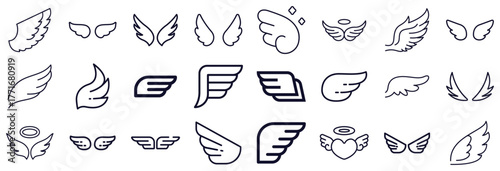 Collection of diverse angel and bird wing icons in outline style