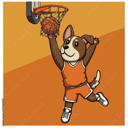 Energetic cartoon dog mascot performing a slam dunk with a basketball in an orange uniform