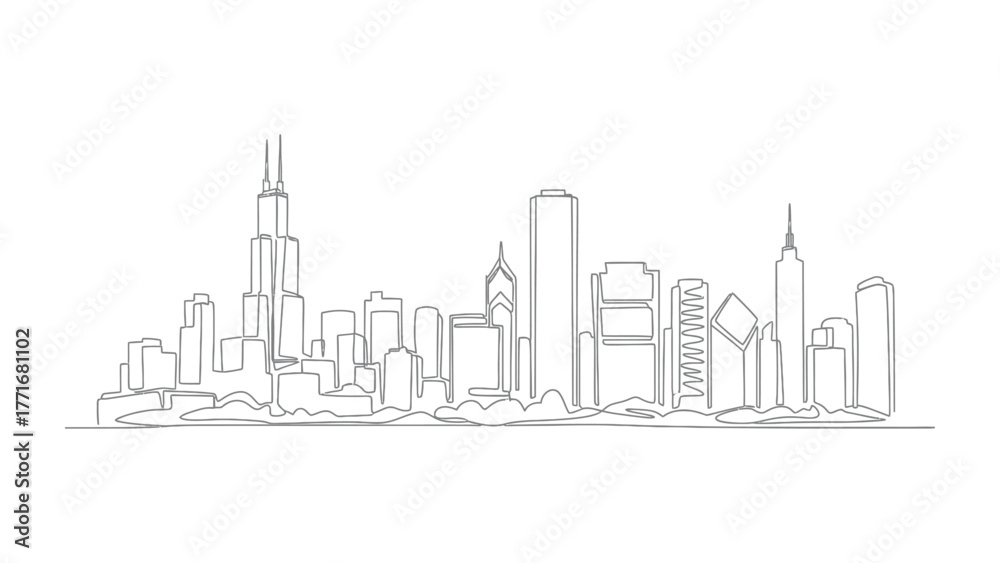 Fototapeta premium City Skyline Outline: A minimalist line drawing captures the essence of a city skyline, emphasizing architectural silhouettes and urban form. The clean lines evoke a sense of modern design.