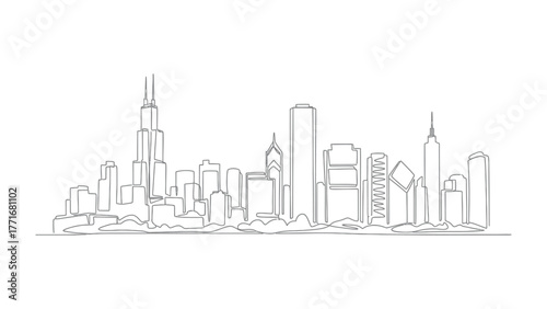 City Skyline Outline: A minimalist line drawing captures the essence of a city skyline, emphasizing architectural silhouettes and urban form. The clean lines evoke a sense of modern design.