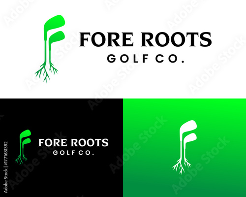 Logo design letter F wordmark golf stick and a tree root.

