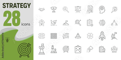 A comprehensive set of 28 strategy icons, covering planning, execution, and goal achievement, with elements like rockets, targets, chess pieces, and roadmaps, perfect for business and project manageme
