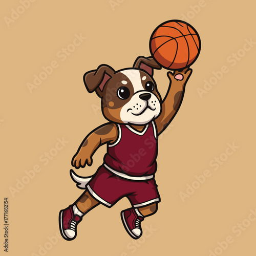 Cute cartoon dog character wearing a basketball jersey jumping up to shoot the ball, isolated vector illustration.