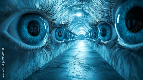 Surreal Horror Background of a Creepy Tunnel with Endless Watching Eyes.