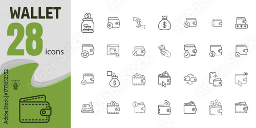 Wallet icons collection, set of 28 personal finance and money storage symbols, including wallet, cash, coin, purse, and savings icons