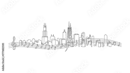 Chicago's Musical Skyline: The iconic silhouette of a city merges seamlessly with musical notes in this unique illustration.