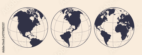 Globe, map, North South America. Earth globe with United States of America, USA. Europe, Asia, America, Oceania globe set. Map of America, USA Earth globe sign, symbol, circle. Vector Illustration