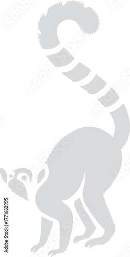 Grey silhouette of a ring tailed lemur on white background, Simple lemur vector design for wildlife prints
